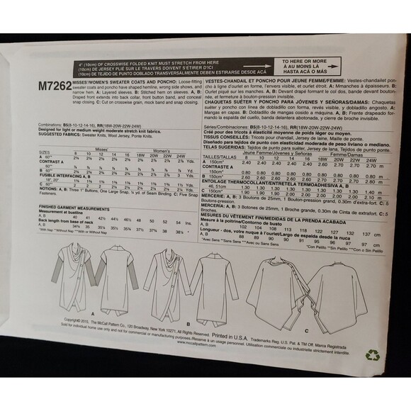 Misses/Women's Sweater Coats & Poncho Sewing Pattern McCall's M7262, Loose Fit - Picture 3 of 5